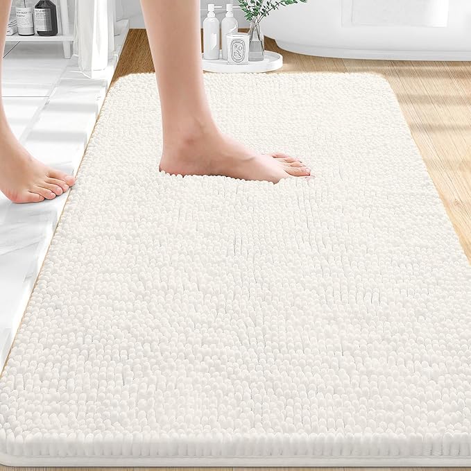 OLANLY Bathroom Rugs 30x20, Extra Soft Absorbent Chenille Bath Rugs | Ivory, Quick-Drying Rubber Backing, Machine Washable Bath Mat for Bathroom Floor, Tub and Shower, Home Decor Accessories