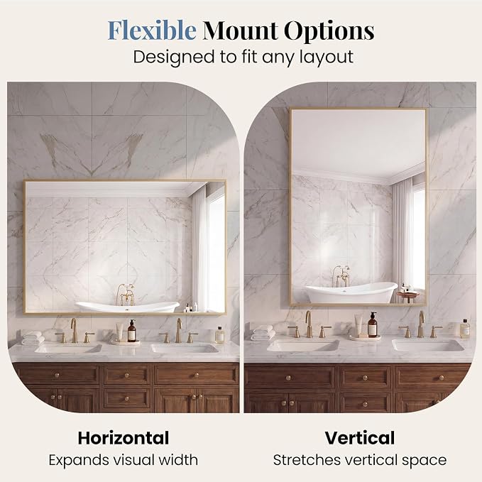 NEWBULIG Bathroom Wall Mirror, Vanity Mirror, 30x48 Inch | Rectangle Metal Frame, Tempered Glass, Over Sink Entryway, Living Room Hang, Horizontal or Vertical, Gold