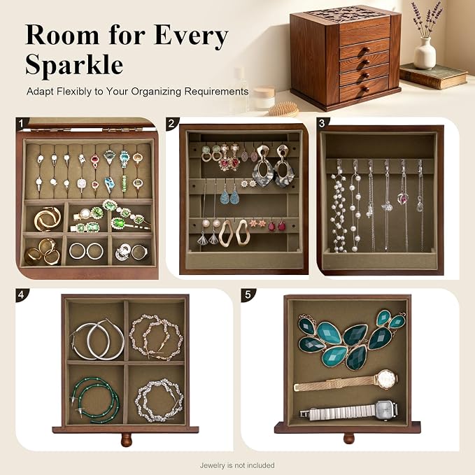 Extra Large Four-Leaf Carved 5 Layers Wooden Jewelry Box Jewelry Case Cabinet Armoire Ring Necklacel Gift Storage Box Organizer (5 Layers,Brown,Style 2)