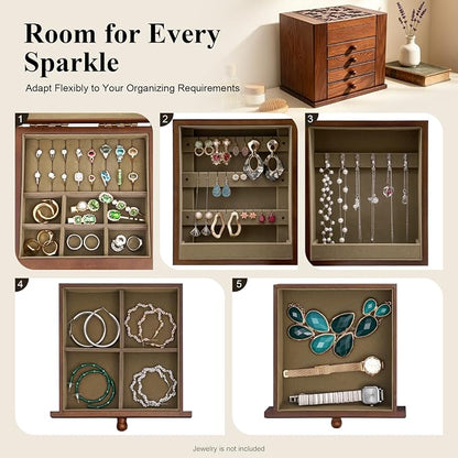 Extra Large Four-Leaf Carved 5 Layers Wooden Jewelry Box Jewelry Case Cabinet Armoire Ring Necklacel Gift Storage Box Organizer (5 Layers,Brown,Style 2)