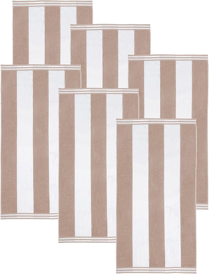 Superior Cotton Striped Beach Towels, Colorful Towels for Adult, Kid, Pool, Swimming, Sand, Travel, Large Oversized, Absorbent, Fast Drying, Bath Basics, Cabana Collection, Set of 6, Taupe