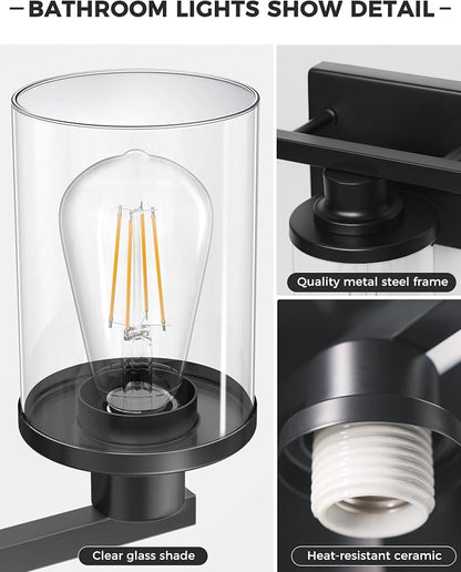 L LOHAS LED 3-Light Black Bathroom Light Fixtures,Modern Bathroom Lighting Fixtures Over Mirror with Clear Glass Shade, Vanity Lights for Living Room, ETL Listed | Clear Glass Shades; Modern Bathroom Lighting Fixture for Living Rooms