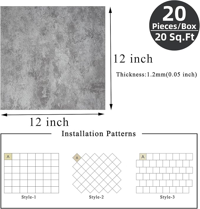 Peel and Stick Floor Tile 12 x 12 Inch Self Adhesive Marble Vinyl Flooring | waterproof and removable sticker tiles, 20-pack covers 20 Sq. Ft, DIY tiles for bedroom, bathroom, kitchen and dining room