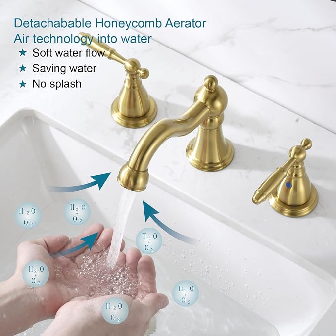 RKF Bathroom Faucets for Sink 3 Hole Gold 8 inch Widespread Bathroom Sink Faucet with Drain Double Lever Handle Faucet Bathroom Vanity Faucet Basin Mixer Tap WF013-BG
