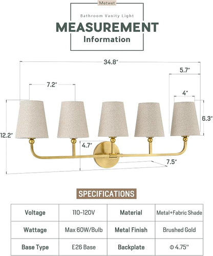 5-Light Brushed Gold Bathroom Vanity Light, Brown Linen Fabric Shade | 35 Inch gold bathroom light fixture over mirror, UL listed, E26 bulbs, hardwired, upward only, VL837-BG-L-5