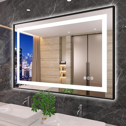 48"X32" LED Bathroom Mirror with Black Frame, Front Lit and Backlit | Metal Framed Mirror, Stepless Dimmable, HD Reflection, Anti-Fog, Shatter-Proof, Memory, 3 Colors Lighting, UL Listed.