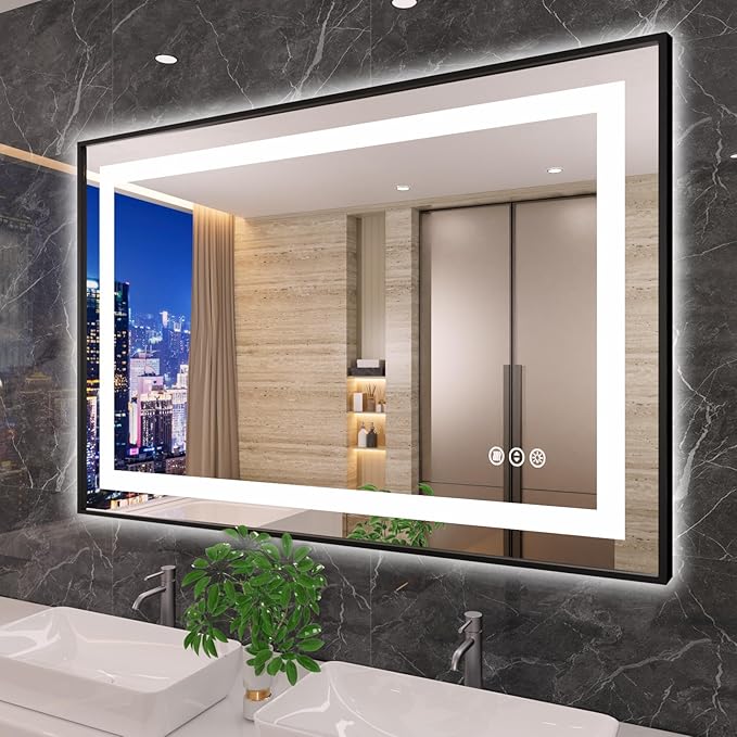 48"X30" LED Bathroom Mirror with Black Frame, Front Lit and Backlit | Metal Framed Mirror, Stepless Dimmable, HD Reflection, Anti-Fog, Shatter-Proof, Memory, 3 Colors Lighting, UL Listed.