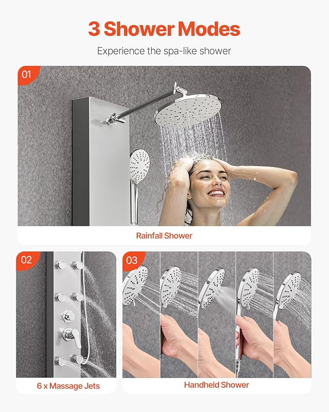 VEVOR Shower Panel Tower System with Rainfall Shower Head, 49 in Brushed Stainless Steel Shower Column, 3-Function Faucet, High Pressure Wall-Mount Rain Massage System with 6 Body Jets and Handheld