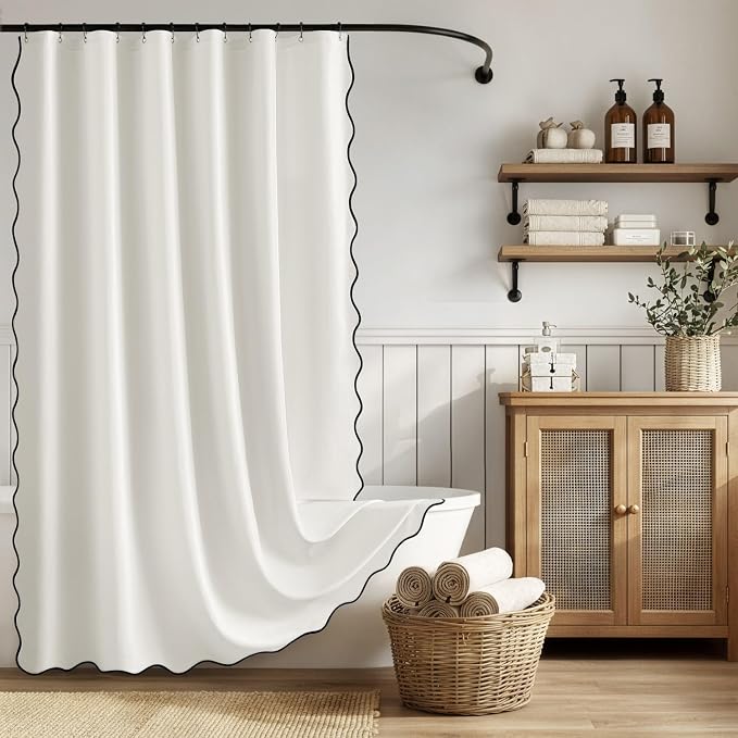 ANRODUO White Scalloped Linen Textured Shower Curtain, W72 x L90 | Boho Farmhouse Shower Curtain with 12 Metal Hooks, Machine Washable Waterproof Heavy Duty Fabric for Bathroom Bathtub