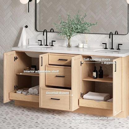 ARIEL Kelly 72-inch Bathroom Vanity with Sink,Solid Wood, 1.5-inch Pure White Quartz Countertop & Backsplash, Double Oval Porcelain Sink, 4 Soft Closing Doors, 5 Dovetail Drawers, White Oak