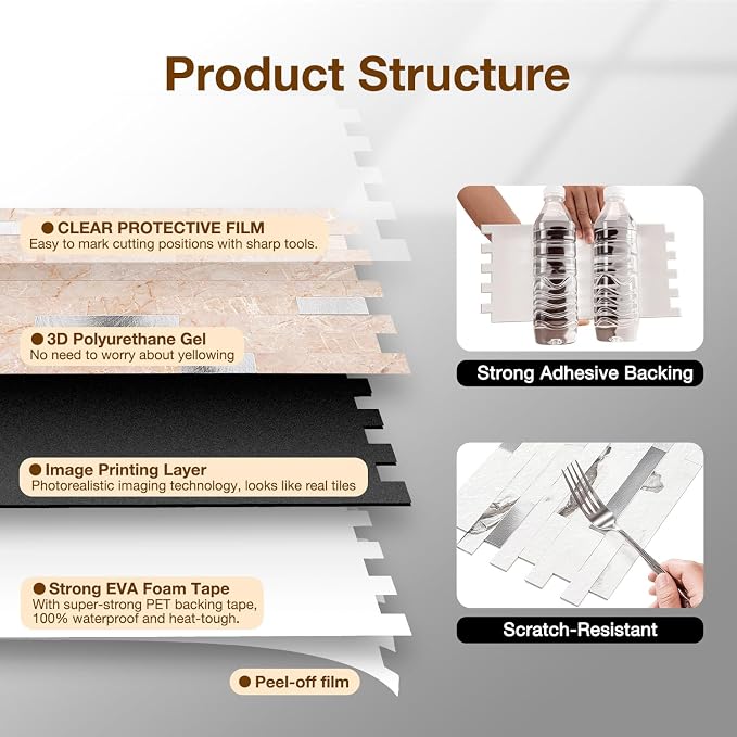 Peel and Stick Backsplash Tile Waterproof Removable PVC Wall Sticker 3D Faux Stone Marble Brick White Accent Panels (Pink Marble - Metal Silver, 20 Tiles - 9 sq. ft. (0.84 M²))