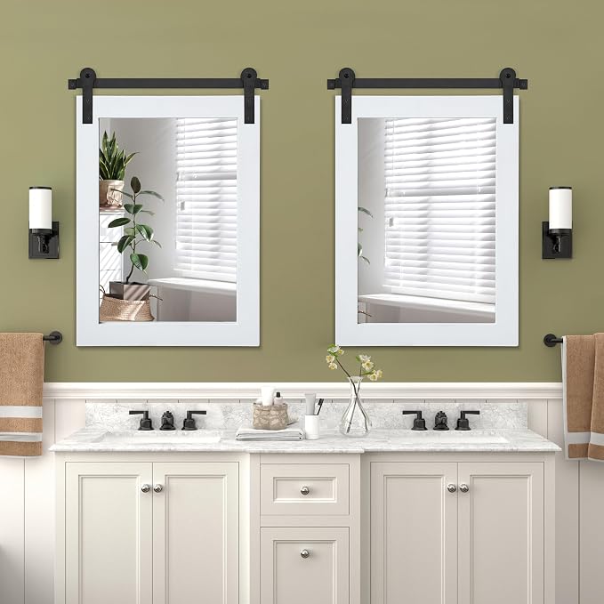 COGOOD Farmhouse Bathroom Mirrors for Over Sink - 30 x 22 Pure White | Rustic Barn Door Wood Framed Vanity Mirror for Entryway, Living Room, Bedroom, Dresser Wall Decor