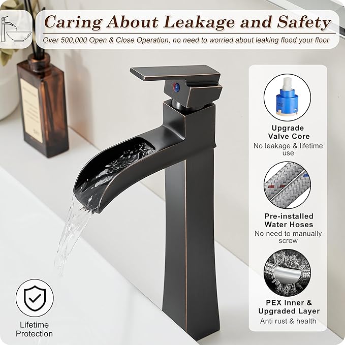 Bronze Waterfall Vessel Sink Faucet, Brass 12 Inch Tall Bathroom Faucets Single Hole Single Handle for Bathroom Bowl Sink with Pop-up Drain & Hoses for Vanity Countertop Modern Farmhouse