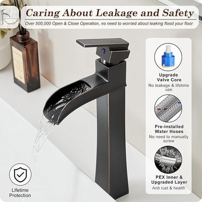 Bronze Waterfall Vessel Sink Faucet, Brass 12 Inch Tall Bathroom Faucets Single Hole Single Handle for Bathroom Bowl Sink with Pop-up Drain & Hoses for Vanity Countertop Modern Farmhouse
