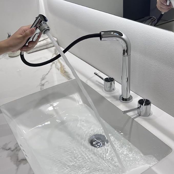 3 Hole Basin Faucets Pull Out Basin Mixer Faucet Brass-Chrome Plated