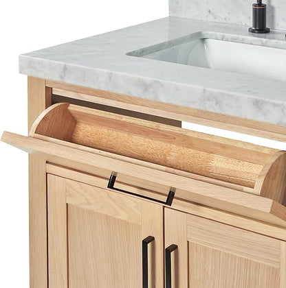 ARIEL Hepburn 72-inch Bathroom Vanity with Sink,Solid Wood, 1.5-inch Italian Carrara Marble Countertop, Double Rectangular Porcelain Sink, 4 Soft Closing Doors, 6 Dovetail Drawers, White Oak