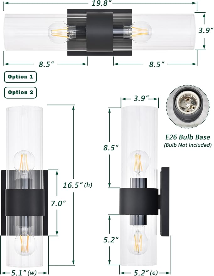 Textured Black Modern Bathroom Sconces Wall Lighting with Clear Ribbed Glass, Brushed Nickel 2-Light Bathroom Vanity Light Fixtures for Mirror Living Room Hallway Bedroom