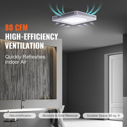 VEVOR Bathroom Exhaust Fan 80 CFM - High-Efficiency Ventilation with All-Copper Motor, 1.5 Sones Low Noise, Remote Control, Energy-Saving Ceiling Fan (Attic Access Required)