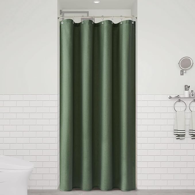 48 Inch Shower Curtain - Stall Narrow Half Green Linen Ultra Thick Fabric Shower Curtain Set with Hooks, Boho Farmhouse Rustic RV Camper Bath Curtains for Bathroom, Olive Green, 48x72