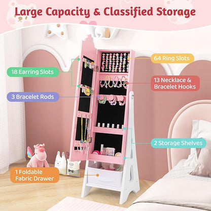 CHARMAID Kids Jewelry Cabinet - Standing Full Length Mirror With Storage, Ring Earring Necklace Organizer Box, Vanity Dressing Armoire for Girls (Pink)