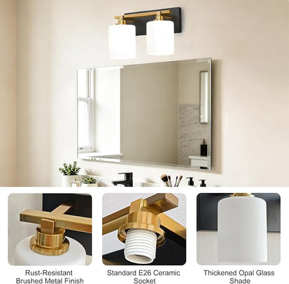 Black and Gold Bathroom Light Fixture, Modern 2 Light Vanity Lights for Bathroom Lighting Fixtures Over Mirror, White Glass Lampshade, Master & Guest bathrooms Bathroom Remodel, 14-inch
