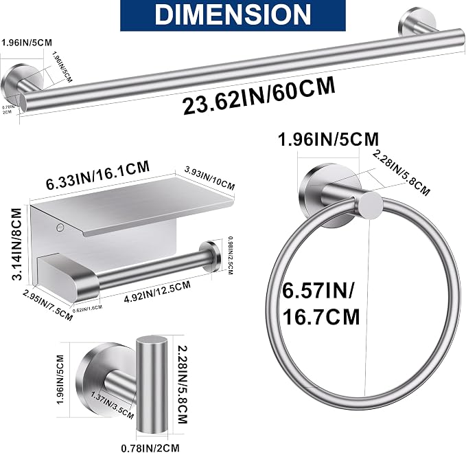 5 Pieces Bathroom Hardware Accessories Set Brushed Nickel, 24Inch Round Towel Racks Set for Bathroom, SUS304 Stainless Steel Towel Bar Set,Toilet Paper Holder with Shelf Wall Mounted