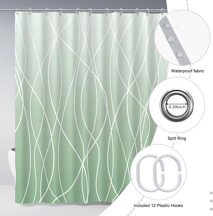 Striped Shower Curtain for Bathroom, Ombre Green, 72" W x 72" L | with Hooks, Modern Hotel Style, Water Repellent, Washable, Weighted Hem