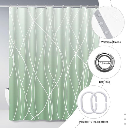 Striped Shower Curtain for Bathroom, Ombre Green, 72" W x 72" L | with Hooks, Modern Hotel Style, Water Repellent, Washable, Weighted Hem
