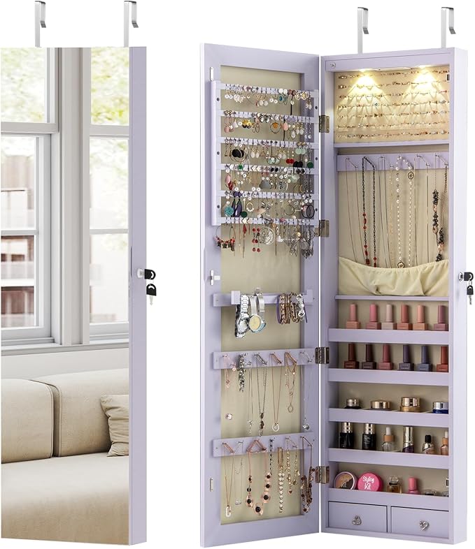 COSTWAY Wall Door Mounted Jewelry Armoire with 47.5" Full Length Mirror & 2 LED Lights, Large Storage Capacity, Lockable Mirror Jewelry Cabinet for Women Girls (Lavender)