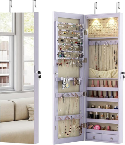 COSTWAY Wall Door Mounted Jewelry Armoire with 47.5" Full Length Mirror & 2 LED Lights, Large Storage Capacity, Lockable Mirror Jewelry Cabinet for Women Girls (Lavender)