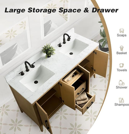 HomeBeyond 60 Inch Bathroom Vanity with Sink & Ceramic Top, Double Vanity Cabinet with Basin, Soft-Closing Doors & Matte Black Hardware, Natural Oak
