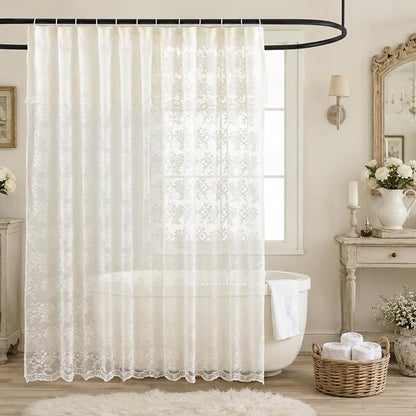TUDECO Ivory Lace Shower Curtain with Valance, 72 x 72, Vintage Style, | Sheer Floral, Antique Bathroom Decor, Scalloped Bottom, Soft Light Filtering, Gentle Privacy, Reinforced Holes