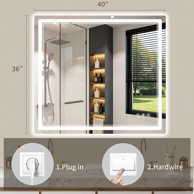 36"x40" LED Bathroom Mirror with Lights, Backlit + Front Lit, Anti-Fog, Lighted Bathroom Mirror for Wall, HD Shatterproof Tempered Glass, Dimmable, Memory Function (Horizontal/Vertical)