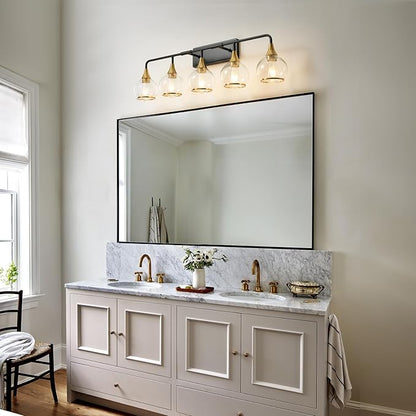 Black and Gold Bathroom Vanity Light 5-Lights Bathroom Light Fixtures Over Mirror with Clear Glass Shade 39.2 inch Wall Sconce Lighting Bath(Exclude E26 Bulb)