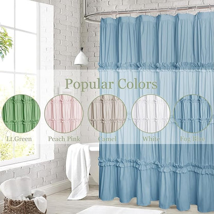Farmhouse Ruffle Shower Curtain, Fog Blue, 72 x 72 in | Decorative Elegant Bathroom Curtain with 12 Holes, Soft Ruched Microfiber Fabric, Vintage Handmade Design
