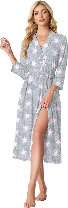 PrinStory Robes for Women 3/4 Sleeve Long Bath Robe XS-4XL | V-Neck Knit Bathrobe with Pockets, Lightweight, Soft, Breathable Robes for Shower, Spa, Travel, Home, Party, Nursing