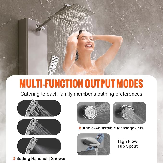 VEVOR Shower Panel Tower System, 5 Shower Modes, Digital Display Shower Panel, Rainfall, 8 Massage Jets, Tub Spout, 3-Setting Handheld Shower Head 59" Hose, Stainless Steel Wall-Mounted Shower Set