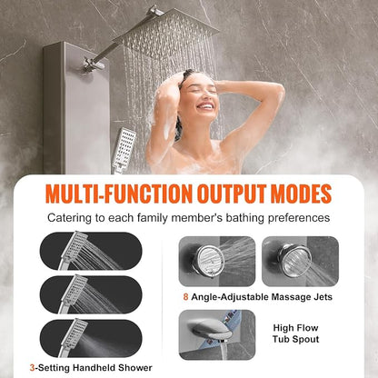 VEVOR Shower Panel Tower System, 5 Shower Modes, Digital Display Shower Panel, Rainfall, 8 Massage Jets, Tub Spout, 3-Setting Handheld Shower Head 59" Hose, Stainless Steel Wall-Mounted Shower Set