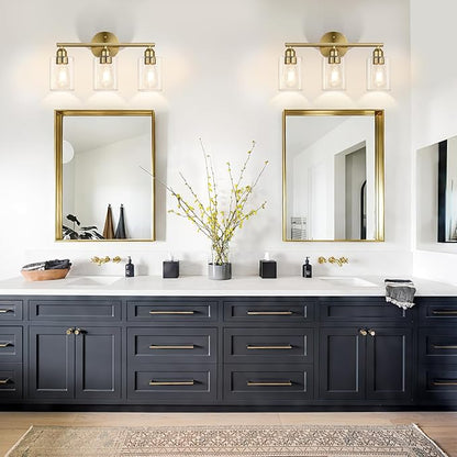 17.3'' Bathroom Gold Vanity Light Fixtures, Modern Wall Lamp for Mirror with Clear Glass Shade, 3-Light