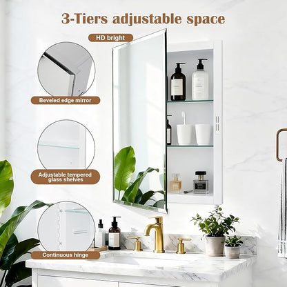 16x20'' Bathroom Medicine Cabinet Mirror with Storage, Surface Mount or Recessed Medicine Cabinet with 3-Tiered Adjustable Tempered Glass Shelves
