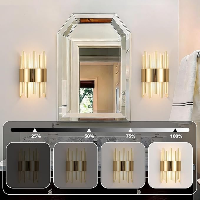 Gold Wall Sconces LED Dimmable Modern Crystal Wall Sconces Gold Wall Light Titanium Vanity Wall Light for Bedroom, Living Room, Dining Room Vanity Mirror Light, Dimmable 0-32W with Light Source,3000K