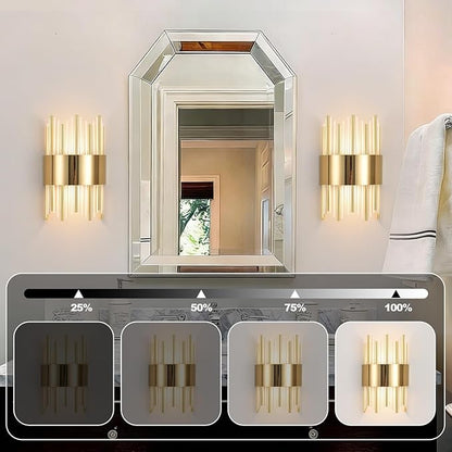 Gold Wall Sconces set of 2, LED Dimmable Modern Crystal Wall Sconces Set of Two, Gold Wall Light, Vanity Mirror Light, for Bedroom, Living Room, Dining Room, Dimmable LED 0-32W with Light Source,3000K