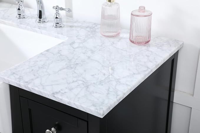 48" Pre-Assembled Bathroom Vanity with Sink, Solid Birch and MDF, Carrara White Marble Countertop Attached, Single Rectangle Porcelain Sink, 6 Soft-Close Drawers, Black