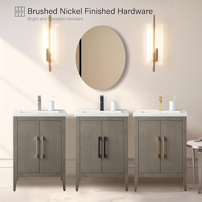 Vanity Art 24 inch Bathroom Vanity with Single Sink & Ceramic Top, Vanity Cabinet with Soft-Closing Doors, Solid Wood Frame, Driftwood Gray, VA9024-DG-GB1