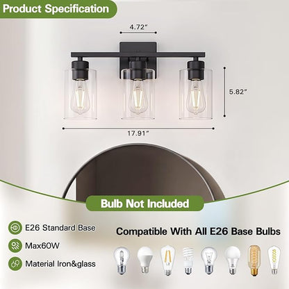 Matte Black Bathroom Vanity Light, 3-Light Vanity Lighting fixtures Over Mirror, Round Design & UL Certification, Wall Sconces with Clear Glass Shades, E26 Socket (Bulbs Not Included)