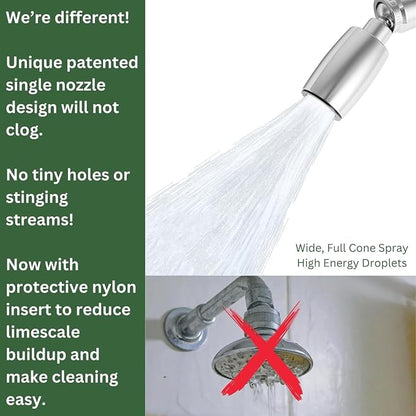 High Sierra® Classic™ Solid Metal 1.8 GPM Award Winning, Low Flow Shower Head. Patented Nozzle Never Clogs. Long Nut Hides Shower Arm Threads. Brushed Nickel Finish