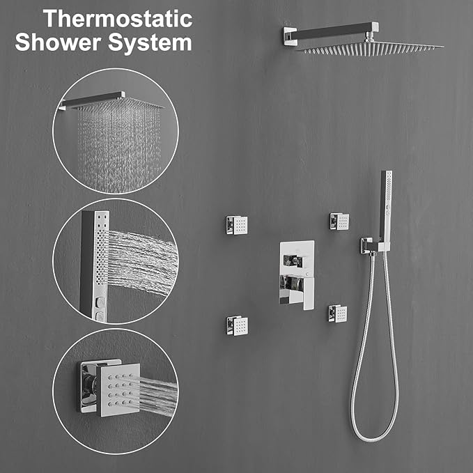 RUMOSE Rainfall Shower System with 4 Body Jets Wall Mounted 4 Mode Shower Faucet Set with 12 Inch Rain Shower Head and 2 in 1 Handheld Spray, Polished Chrome Brass Shower Fixtures, Rough-in Valve