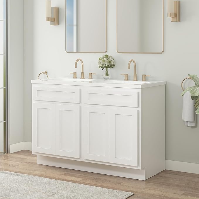 Vanity Art 48 Inch Bathroom Base Cabinet Only, Double Sink Top (Not Include Sink) with Door & Soft Close Hinge, Unassembled Floor Cabinet, White, 2ea 24 Inch Combo