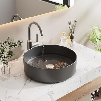 15.7" Round Vessel Sink, Matte Black Ceramic Above Counter Sink | Matte Black Finish, High-Density Ceramic, Scratch & Crack Resistant, Deep Splash Guard Basin, Easy To Clean For Bathroom