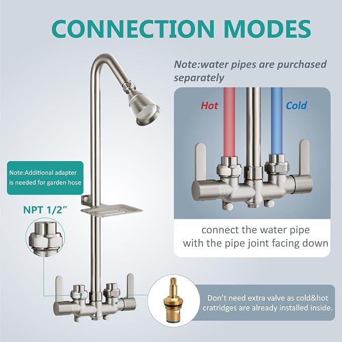 Aolemi Outdoor Shower Kit, Upward-Facing Inlets, Brushed Nickel | 3-Inch Center Hot And Cold Mixer Valve, Dual Handles, with Soap Dish For Convenient Outdoor Shower Use